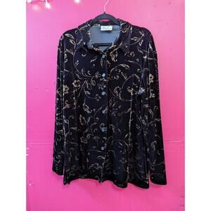 Y2K VTG Kathie Lee Shirt Womens Medium Black Bronze Stretch Velvet Floral